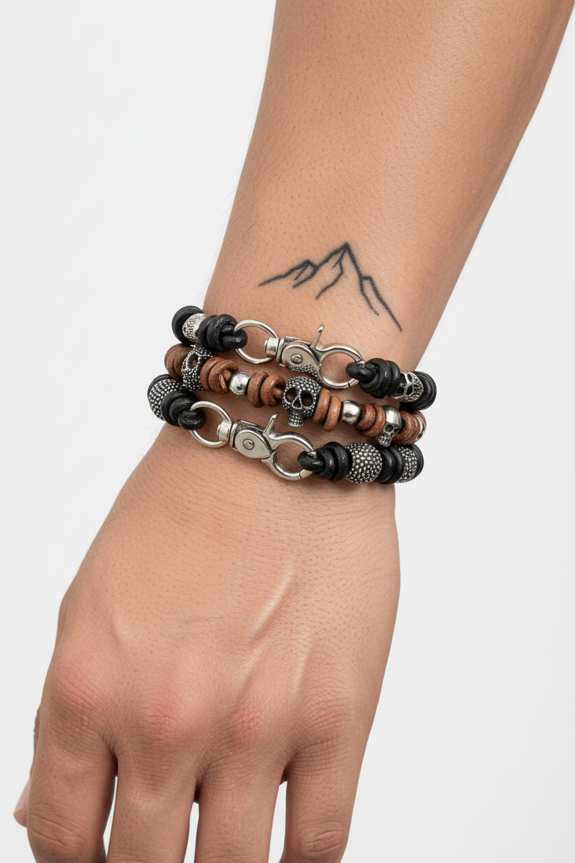 Pulseras de cuero y calaveras en brazo masculino tatuado